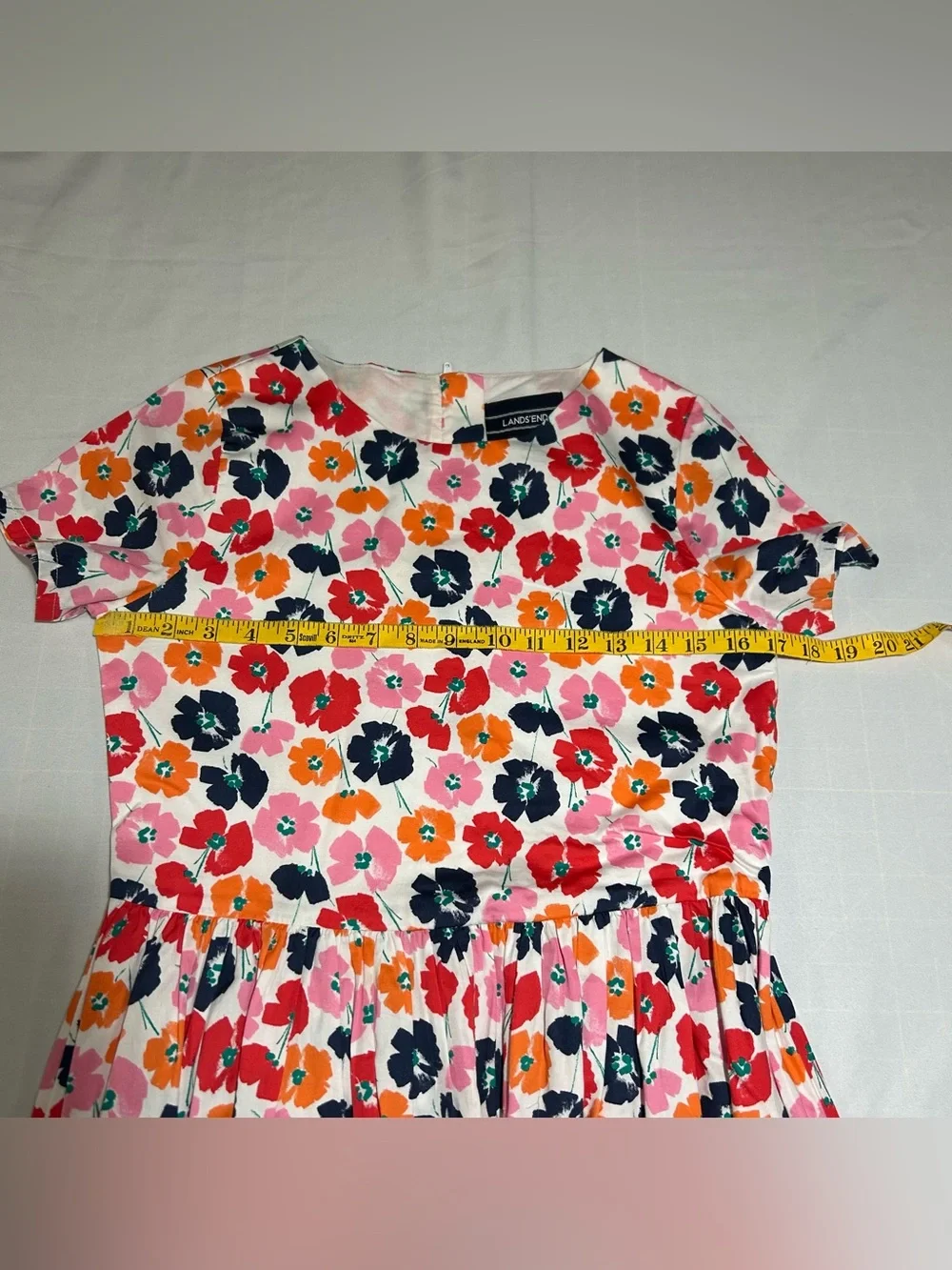 Lands' End Girls 14 Peony Flower Short Sleeve Fit & Flare Classic Cotton Dress